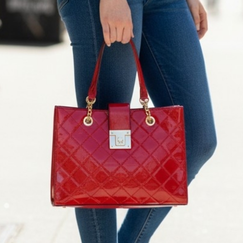 Large Vegan Leather Red Handbag Quilted Pattern Shoulder Satchel Hand Bag Purse - Picture 11 of 11